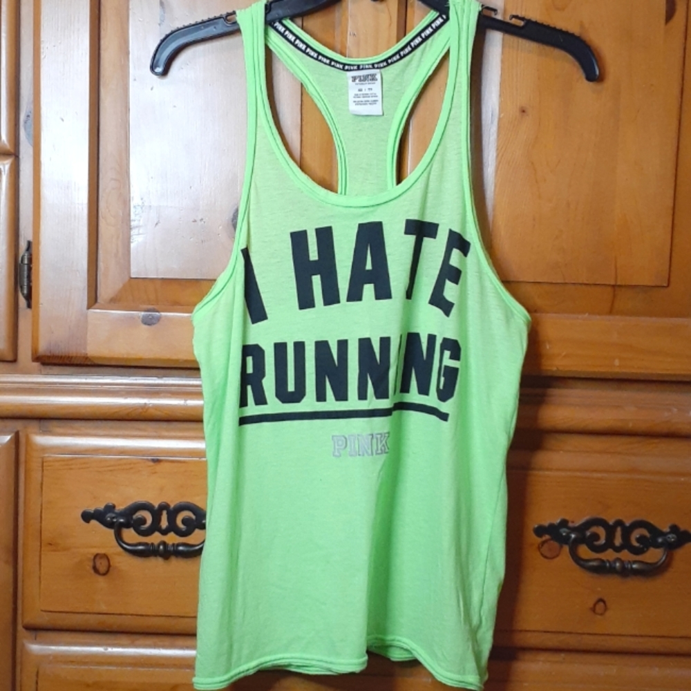VS PINK "I Hate Running" Lime Green Tank Top